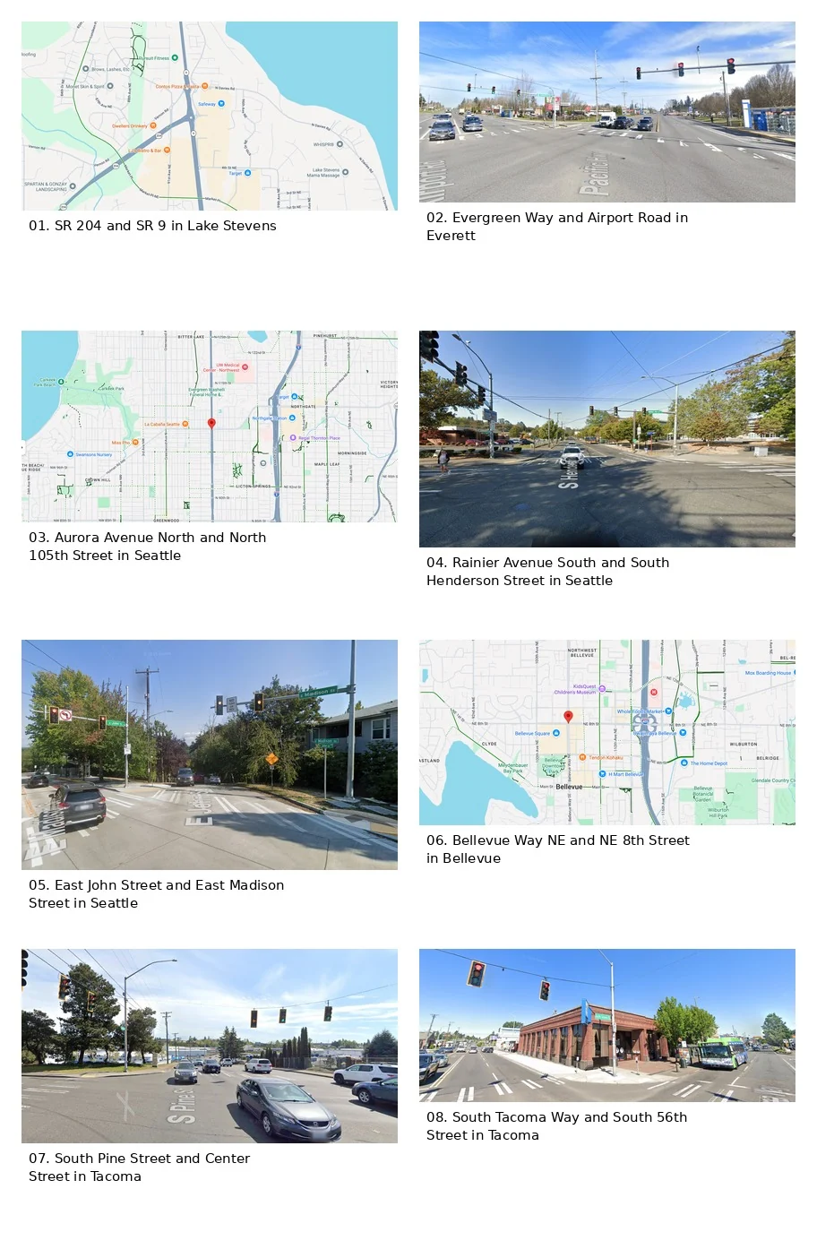 Maps and street views of eight dangerous Puget Sound intersections